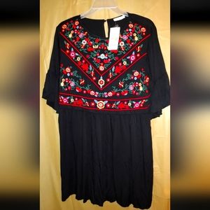 Kirundo Dress, NWT, XL Black, Embroidery Torso Lined, Ruffle Sleeve Party Casual